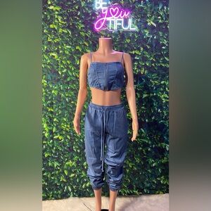 Blue Denim Crop Top and Jogger Set